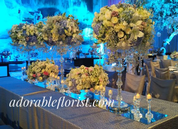 Long table arrangement, crystal candlelabra vase